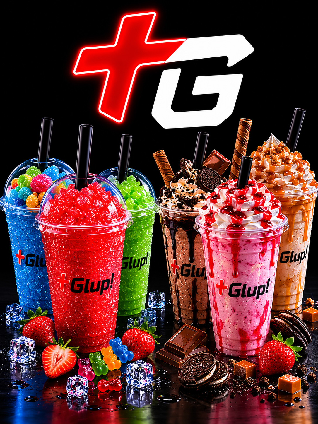Vasos de granizado y batido +Glup! con logo neón