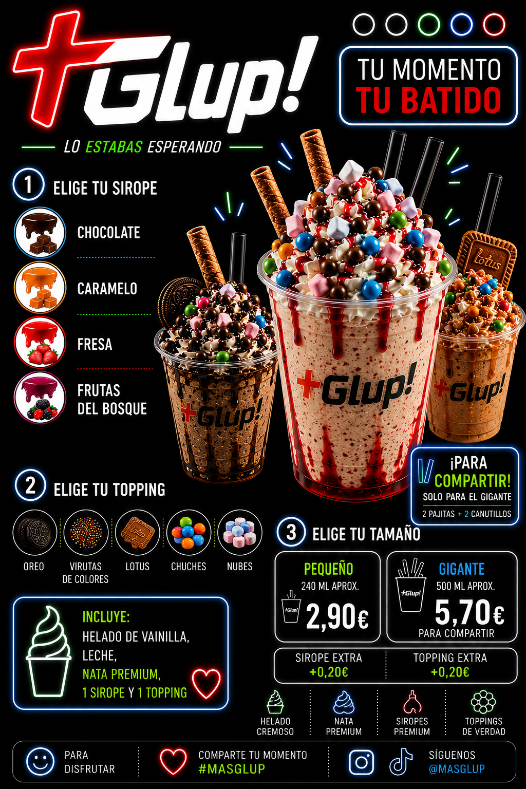 Cartel de batidos +Glup!: elige sirope, topping y tamaño